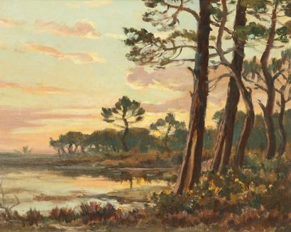 MARIUS GUEIT (1877-1956) Les pins sur le bassin d'Arcachon Huile sur panneau 32 x...