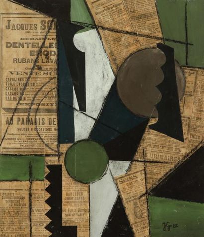 Ecole Moderne Composition cubiste Huile et collage sur carton 37 x 31 cm, signée...