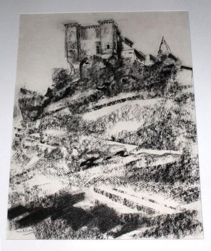 Pierre THERON (1918-2000) Château de Lavardens (Gers) Dessin au fusain, signé en...