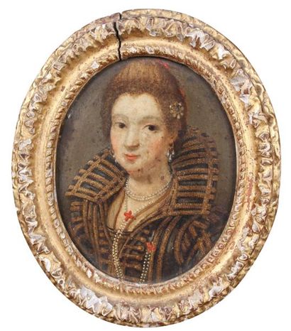 null ECOLE FRANÇAISE 

DU XVIIème SIÈCLE

Portrait de dame aux perles

Cuivre en...