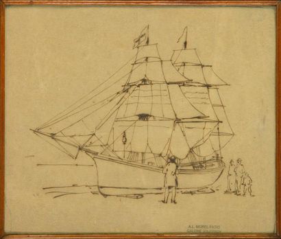 null Antoine Léon MOREL-FATIO (1810-1871)

Au pied du voilier

Dessin à la plume,...