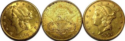 null USA. 3 pièces de 20 Dollars Liberty: 1907D (2 ex., qSUP et TTB+), 1900S(TTB)....