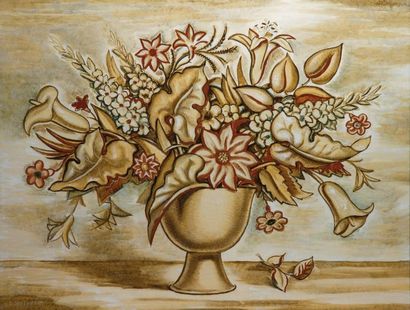 null RENÉ BUTHAUD (1886-1986)Vase de fleurs Panneau décoratif en verre églomisé fixé-sous-verre...