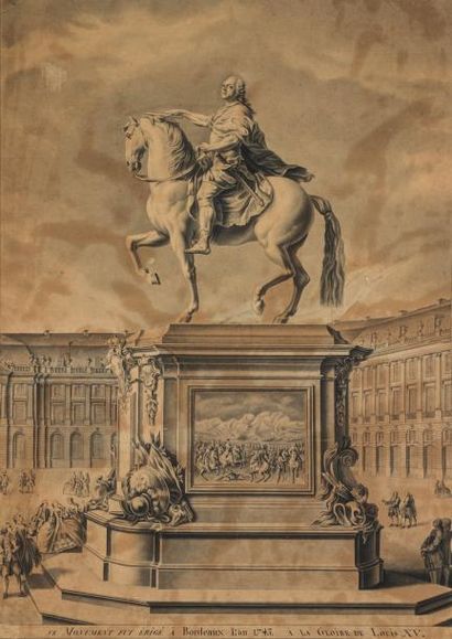 null ECOLE FRANÇAISE XVIIIème SIECLEStatue équestre de Louis XV, Place Royale à Bordeaux.Dessin...