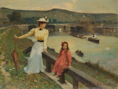 null JEAN-PAUL SINIBALDI (1857-1909)Mère et enfant au bord de l’écluseHuile sur toile,...