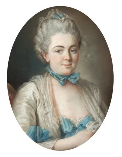 null ECOLE FRANCAISE DU XVIIIème Portrait de femme au nœud de dentelle bleuePastel...