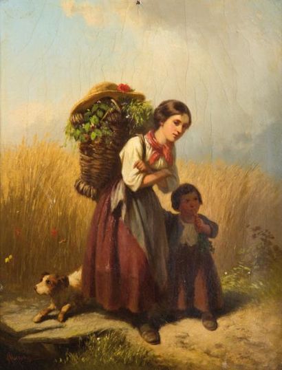 null Ferdinand MARÖHN (act 1839-1865)Mère et enfants dans les blésHuile sur toile,...