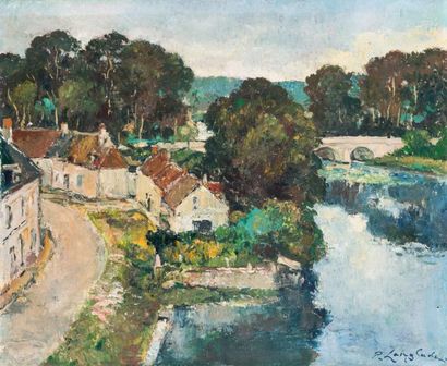 null Pierre LANGLADE (1907-1972)Hameau en bord de rivièreHuile sur toile, signée...