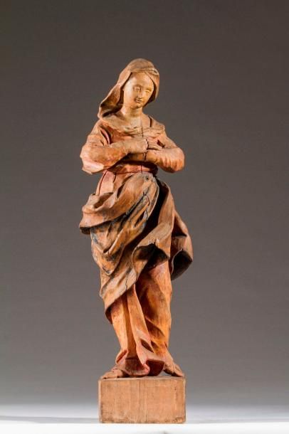 null Vierge en bois polychrome vêtue d’un voile et d’un drapé. Italie du Nord XVIIIème...