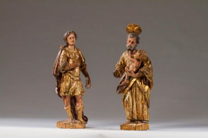 null Figure en bois polychrome et doré représentant « St Joseph et l’Enfant Jésus...