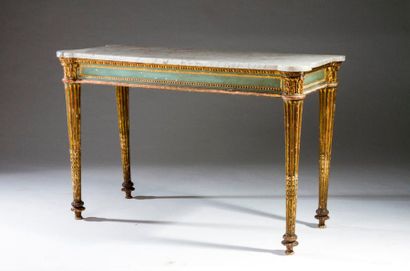 null Table-console en bois peint et doré, la ceinture à décor de rais-de-coeur et...