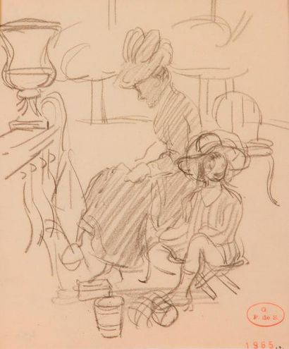 null Georges de SONNEVILLE (1889-1978) Mère et enfant au jardin Dessin au crayon...