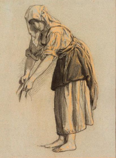 null Ernst STUCKELBERG (1831-1903) La lavandière Fusain et craie 26,5 x 20 cm 200/300...