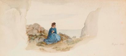 null Ernst STÜCKELBERG (1831-1903) Elégante assise dans les rochers Aquarelle, située...