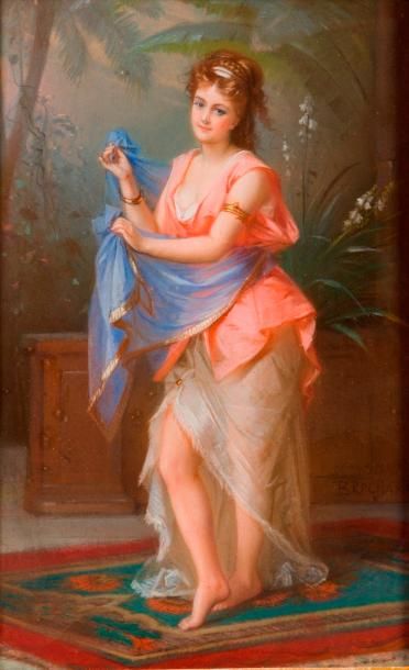 null Constant Joseph BROCHART (1816-1899) Jeune femme au châle bleu Pastel, signé...