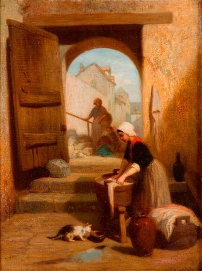 null Louis TESSON (1820-1870) La lessive Huile sur toile, signée en bas à droite...