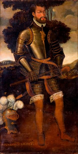 null Ecole espagnole XVIIème siècle, Portrait de l’Empereur Charles Quint en armure...