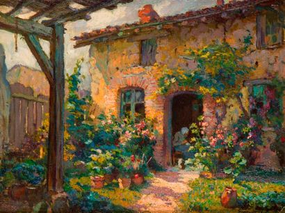 null Ludovic GIGNOUX (né en 1882) Sur le pas de la maison fleurie Huile sur toile,...
