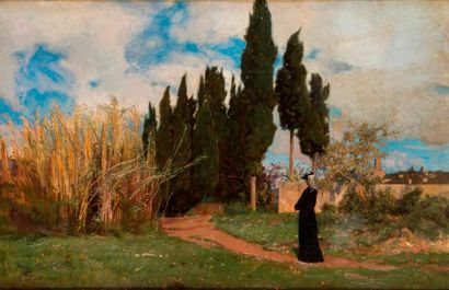 null Ernst STÜCKELBERG (1831-1903) Jeune femme dans un paysage Huile sur toile, signée...
