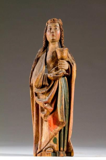 null Figure de Sainte Barbe en bois polychrome Allemagne XIVème / XVème siècles (Accidents)...