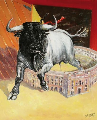 null TCHERNO Paul (XXème)

	Salida del toro en Las Ventas

	Huile sur toile signée...