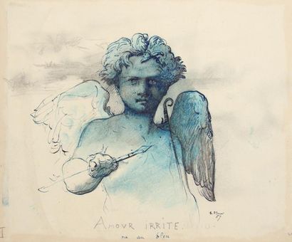 null Henri LEHMANN (1814-1882) L'amour irritéPlume et encre bleue et brune, aquarelle...