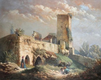 null D'après DROUIN - La citadelle sur les remparts de Rions, Gironde, Gouache, signée...