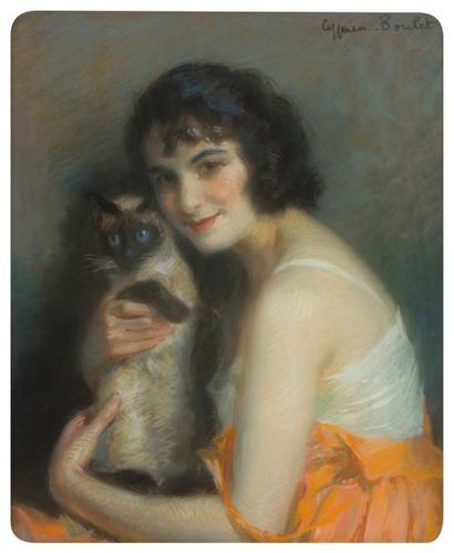 null BOULET Cyprien (1877-1972)

	Jeune fille au chat

	Pastel, signé en haut à droite

	62...