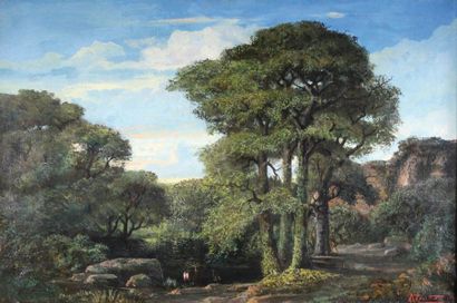 null CONSTANT A. (XIX°)

	Paysage de forêt animé

	Huile sur toile, signée en bas...