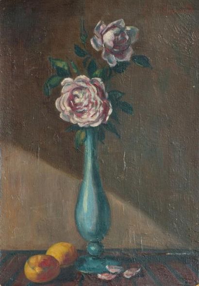 null BERNARD Emile (1868-1941)

	Roses dans un vase

	Huile sur carton, signée en...