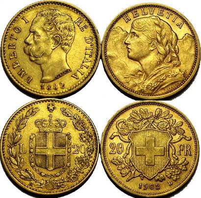 null 2 monnaies : Suisse 20 Francs 1902, Italie 20 Lire 1882 R.TTB+ et SUP