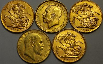 null Angleterre : Lot de 5 pièces de 1 Souverain (1902, 09, 13,14,25)TTB+