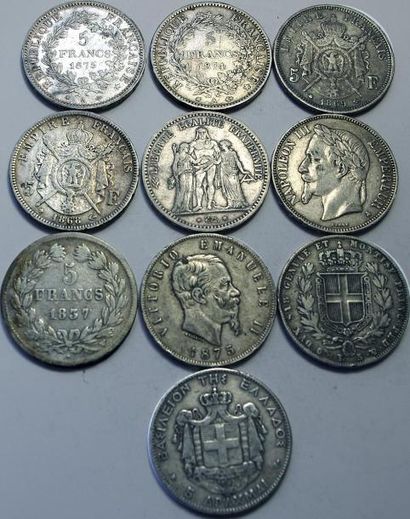 null Argent ; 10 monnaies : 7 x 5Francs (Hercule, Nap.III et L?Philippe), Italie...
