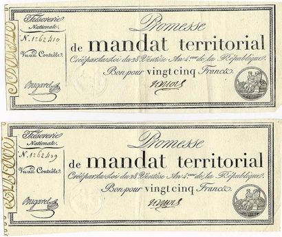 null Assignats: Lot de 2 x Promesse de Mandat Territorial. 25 Francs. An 4. Sans...
