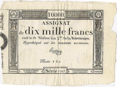 null Assignat de 10000 Francs. 18 Nivose An 3. Série 1567. N°134. Feuille complète....