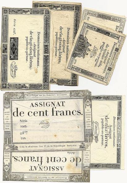 null Assignats: Lot de 7 assignats: 2 x 200 Francs, 2 x 25 Livres, 10 Livres, 2 x...