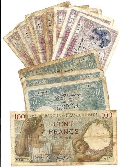 null Billets: Lot de 14 Billets France. 10 x 5Frs Rose, 3 x 10 Frs Minerve, 100 Frs...