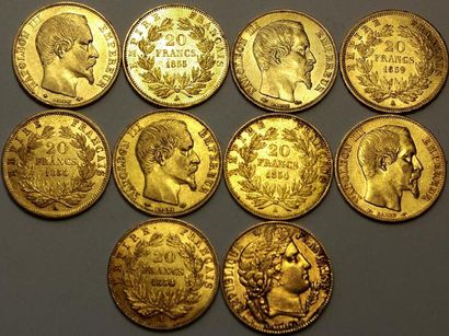 null 10 x 20 Francs : Cérès 1851 A, Napoléon III tête nue (9 ex. : 1854A, 55A, 57A,...