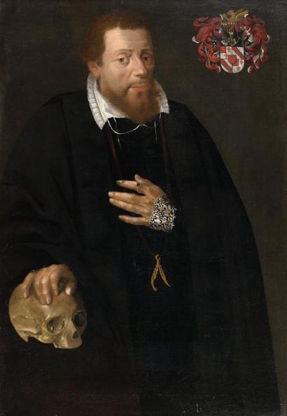 null ECOLE DES PAYS-BAS VERS 1590

Portrait d'homme la main posée sur un crâne 

Toile...