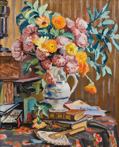 null Georges de SONNEVILLE (1889-1978)
Bouquet de dahlias dans un pichet en faience
Huile...