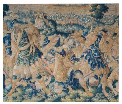 null Fragment de tapisserie des Flandres représentant une scène de bataille.

XVIIe...
