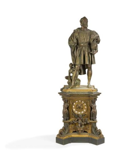null Pendule représentant Benvenuto Cellini en bronze patiné et doré, le socle à...