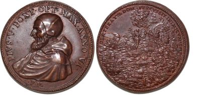 null PIE V (1566-1572) Bronze. 36mm.Par Gianfederico Bonzani. 1571. Refrappe par...