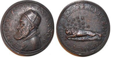null LEON XI (1605) Bronze. 37mm. Par Giorgio Rancetti. 1605. Refrappe par Hamerani....