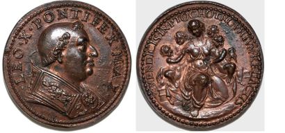 null LEON X (1513-1521) Bronze. 33mm. Refrappe de Hamerani. XVIIe s. Allégorie de...