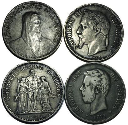 null Argent: 4 monnaies: France 5 Frs Nap.III 1869BB, 5 Frs hercule 1875A, Suisse...