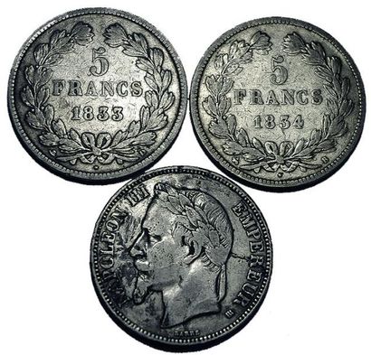 null Argent: 3 monnaies France: 5 Frs L.Philippe 1833D, 34B, 5 Frs Nap.III 1869BB....