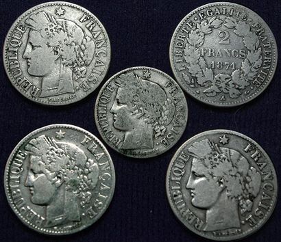 null Argent: 5 monnaies: 4 pièces de 2 Frs Cérès 1871 petit A, 1871A (2 ex.), 1888A...