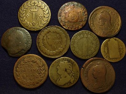 null 10 monnaies: 12 Deniers 1791?A (2 ex.), 1792BB type «FRANCAIS»(Rare), Sol aux...