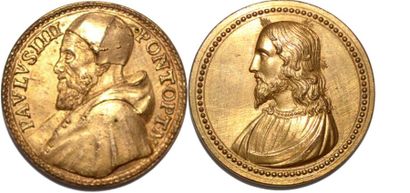 null PAUL IV (1555-1559)Bronze doré. 33mm. Par Gianfederico Bonzani. Refrappe du...